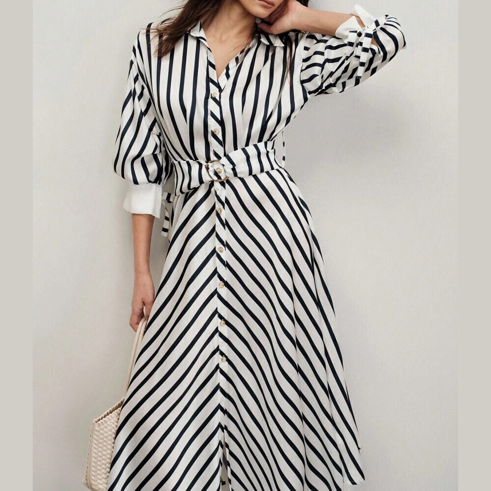 Navy Striped Collared Belted Button Front Maxi Shirt Dress - Picture 7 of 7